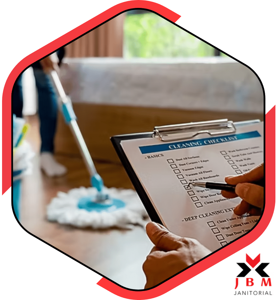 Commercial office cleaning company using a cleaning checklist while cleaning large office buildings, ensuring thorough and efficient cleaning for businesses in large spaces.