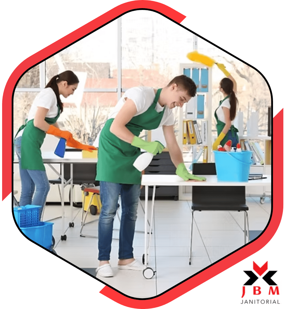 Eco-friendly green cleaning services team cleaning office space with natural products, providing sustainable cleaning solutions for businesses seeking environmentally safe cleaning.