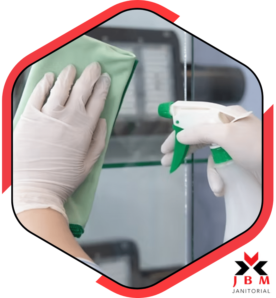 High-quality cleaning services for banks with staff cleaning glass surfaces using eco-friendly cleaning products, ensuring a spotless and professional environment for financial institutions.