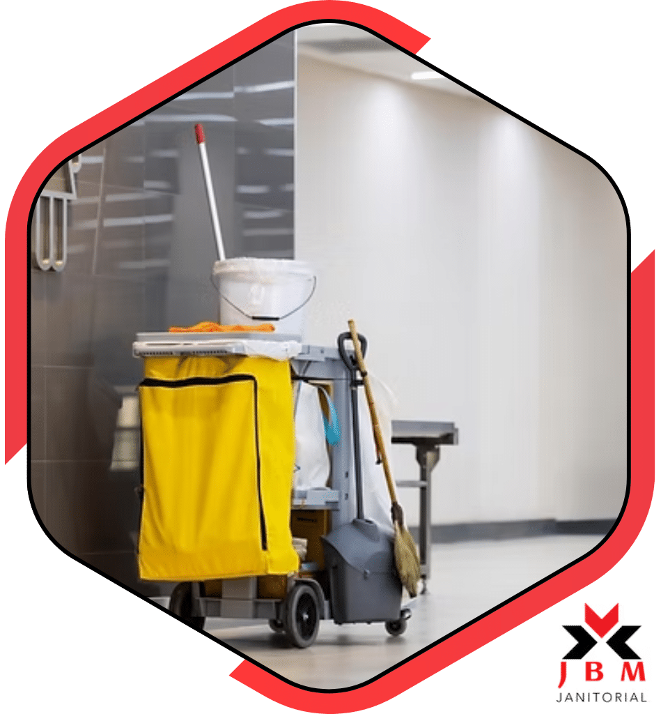 Commercial cleaning solutions with a cleaning cart equipped with supplies, showcasing the benefits of professional cleaning services for businesses to maintain a clean and healthy environment.