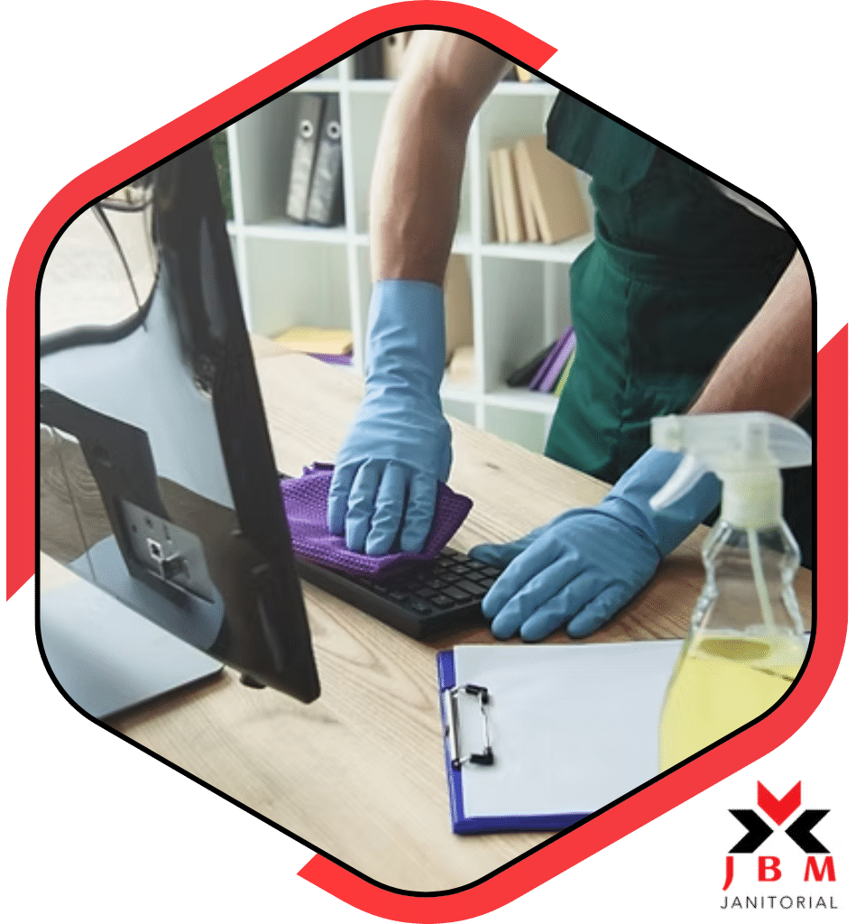 Professional office cleaning service with cleaning cart and supplies, offering efficient and reliable cleaning solutions for maintaining a pristine workplace environment.