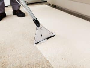 A professional carpet cleaner uses a steam cleaner to remove a stubborn stain from a light-coloured carpet.