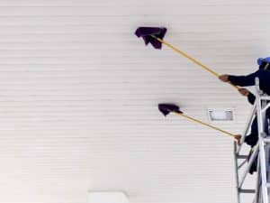 A worker uses long handles with cloths to dust and clean high ceilings.