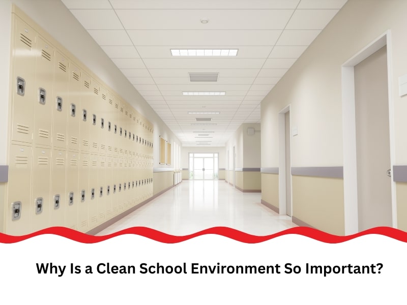 Empty, well-lit school hallway showcasing the benefits of a clean school environment for students.
